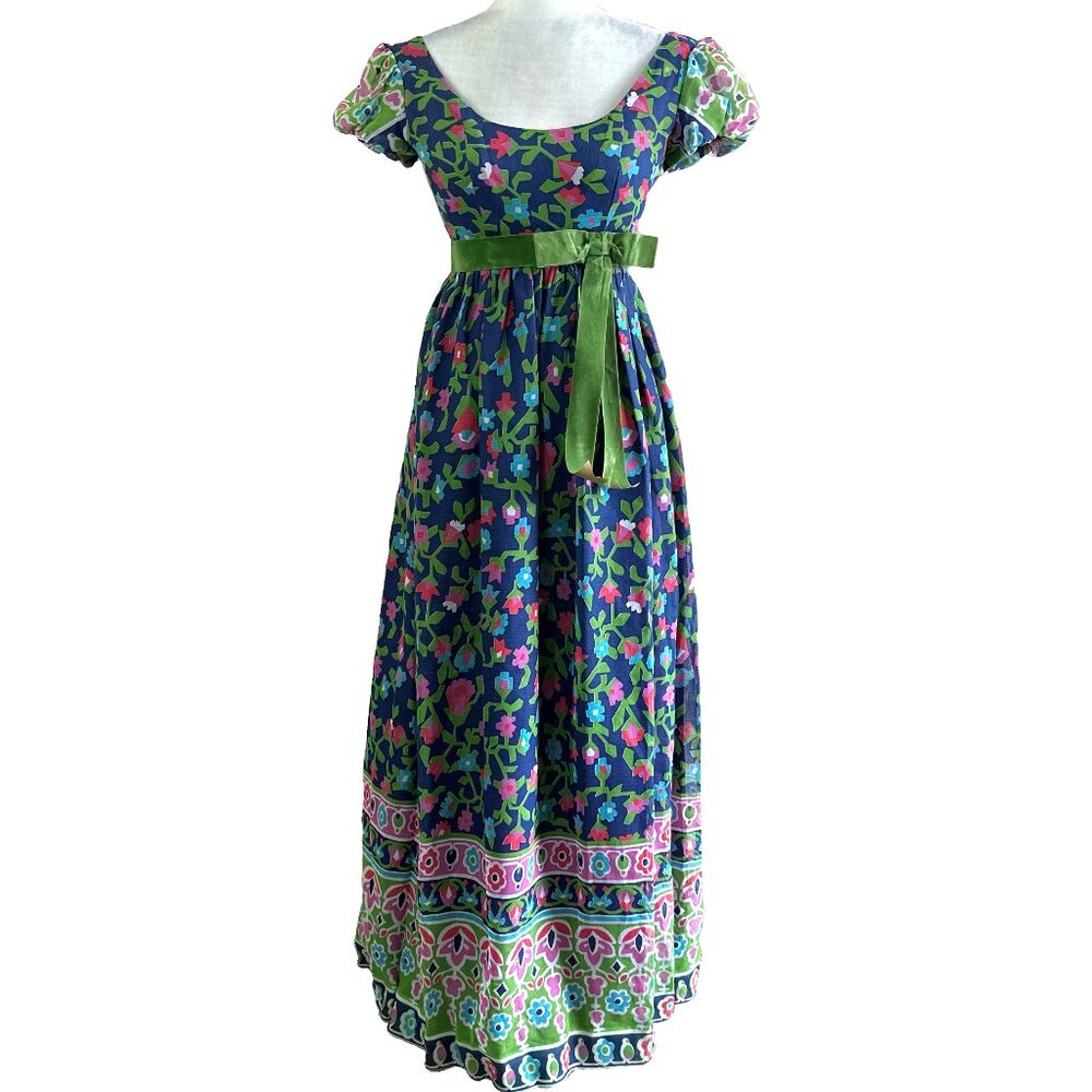 Vintage Handmade 1960s Colorful Floral Maxi Evening Empire Waist Dress